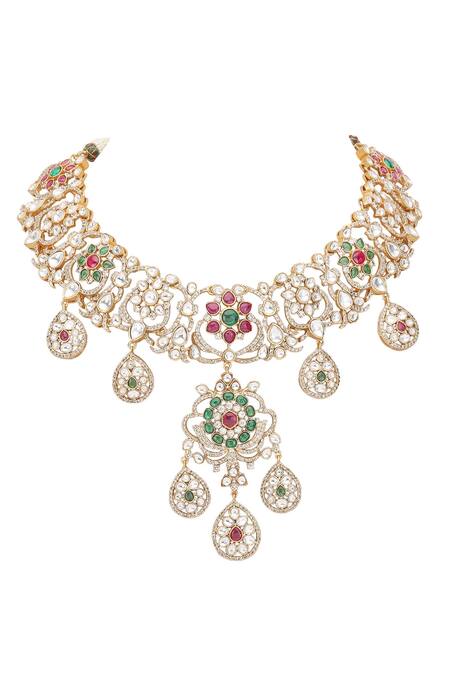 Auraa Trends_Multi Color Crystals, Stones Floral Swirl Studded Necklace Set _at_Aza_Fashions