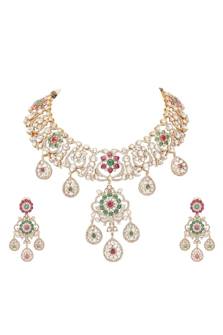 Buy Auraa Trends Multi Color Crystals, Stones Floral Swirl Studded Necklace Set Buy_Auraa Trends_Multi Color Crystals, Stones Floral Swirl Studded Necklace Set