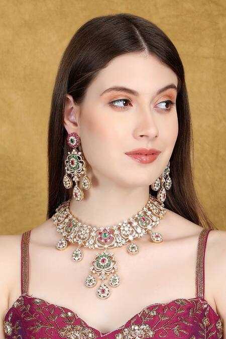 Shop_Auraa Trends_Multi Color Crystals, Stones Floral Swirl Studded Necklace Set 