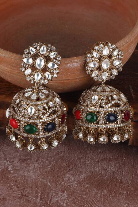 Shop_Auraa Trends_White Stone Studded Floral Jhumkas_at_Aza_Fashions