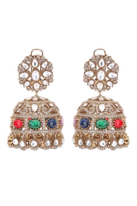 Auraa Trends_White Stone Studded Floral Jhumkas_Online_at_Aza_Fashions