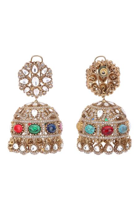 Buy_Auraa Trends_White Stone Studded Floral Jhumkas_Online_at_Aza_Fashions