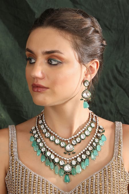 Auraa Trends Green Crystal Studded Tasselled Layered Necklace Set 