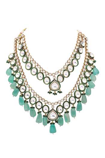 Auraa Trends_Green Crystals, Stones, Beads Studded Tasselled Layered Necklace Set _Online_at_Aza_Fashions