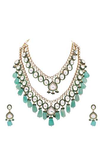 Buy_Auraa Trends_Green Crystals, Stones, Beads Studded Tasselled Layered Necklace Set _Online_at_Aza_Fashions