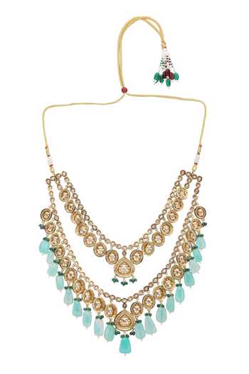 Shop_Auraa Trends_Green Crystals, Stones, Beads Studded Tasselled Layered Necklace Set _Online_at_Aza_Fashions