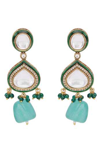 Auraa Trends_Green Crystals, Stones, Beads Studded Tasselled Layered Necklace Set _at_Aza_Fashions