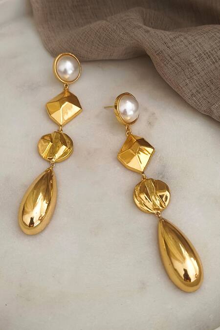 Shop Bblingg Gold Plated Pearls Embellished Dangler Earrings at Aza Fashions Shop_Bblingg_Gold Plated Pearls Embellished Dangler Earrings _at_Aza_Fashions
