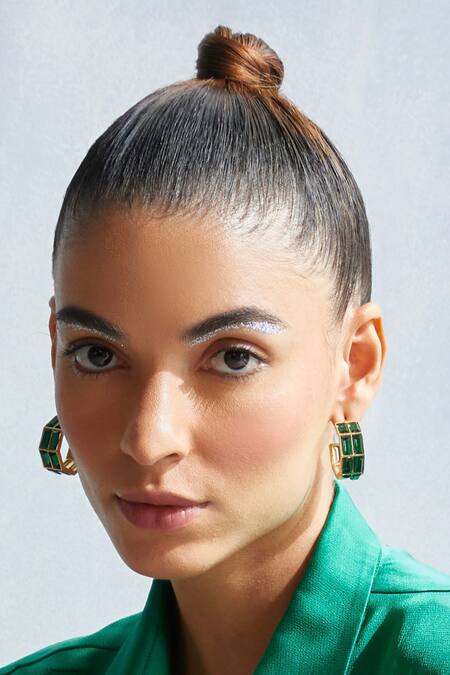 Bblingg_Green Crystals Baguette Embellished Hoops _Online_at_Aza_Fashions