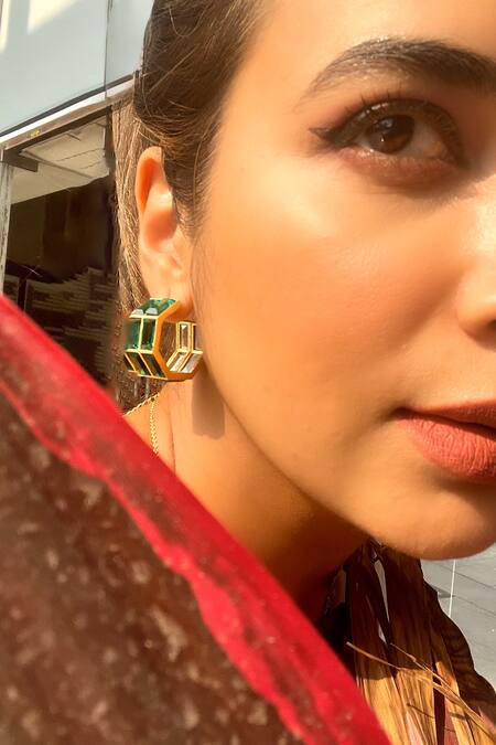 Bblingg_Green Crystals Baguette Embellished Hoops _at_Aza_Fashions