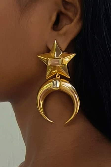 Bblingg Gold Plated Crystal Star Moon Shaped Baguette Embellished Danglers 