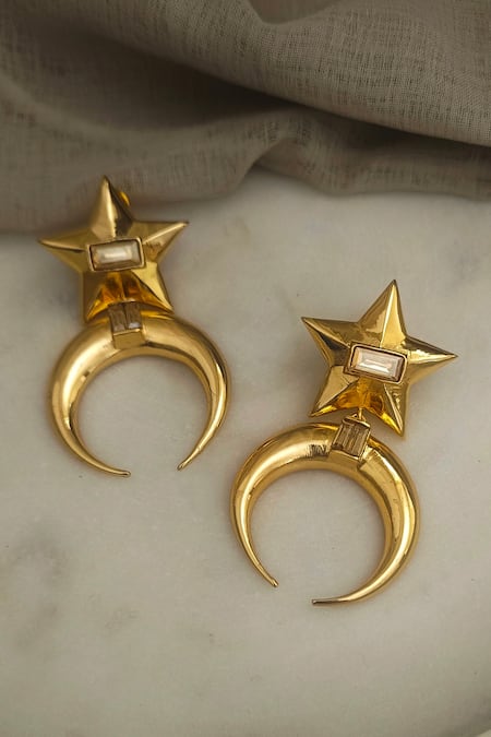 Shop Bblingg Gold Plated Crystals Star Moon Shaped Baguette Embellished Danglers at Aza Fashions Shop_Bblingg_Gold Plated Crystals Star Moon Shaped Baguette Embellished Danglers _at_Aza_Fashions