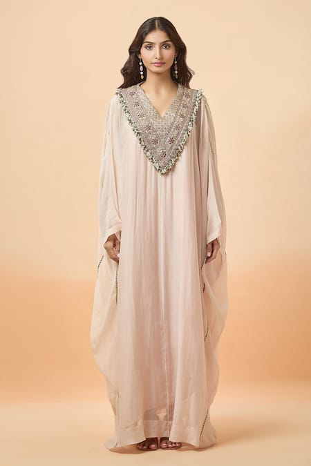 Anamika Khanna Pink Pearls, Sequins V-neck Embroidered Yoke Kaftan Online at Aza Fashions Anamika Khanna_Pink Pearls, Sequins V-neck Embroidered Yoke Kaftan _Online_at_Aza_Fashions