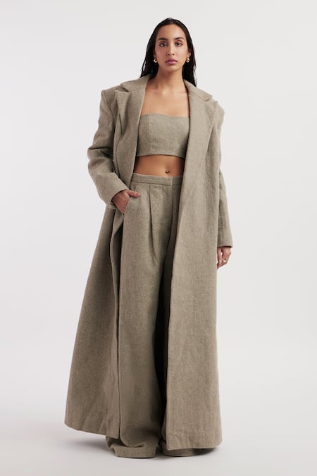 Deme by Gabriella Madeline Solid Textured Long Coat Pant Set 