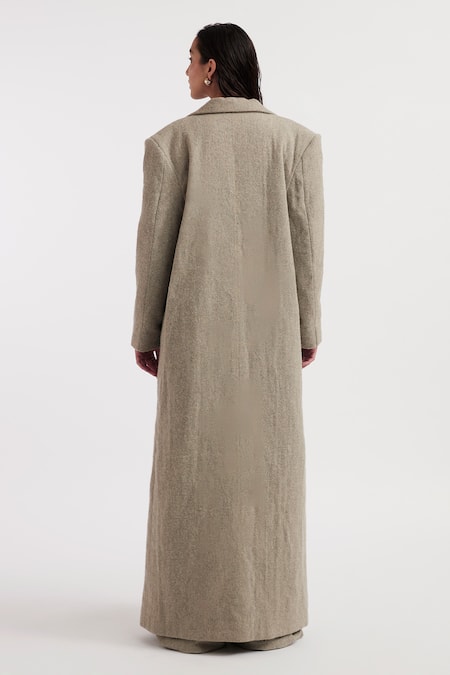 Shop_Deme By Gabriella_Grey Wool Sweetheart Neck Madeline Solid Textured Long Coat Pant Set _at_Aza_Fashions