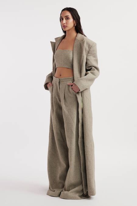 Buy_Deme By Gabriella_Grey Wool Sweetheart Neck Madeline Solid Textured Long Coat Pant Set _Online_at_Aza_Fashions