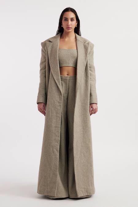 Shop_Deme By Gabriella_Grey Wool Sweetheart Neck Madeline Solid Textured Long Coat Pant Set _Online_at_Aza_Fashions