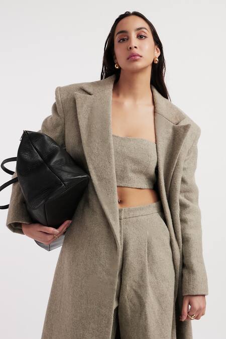 Deme By Gabriella_Grey Wool Sweetheart Neck Madeline Solid Textured Long Coat Pant Set _at_Aza_Fashions