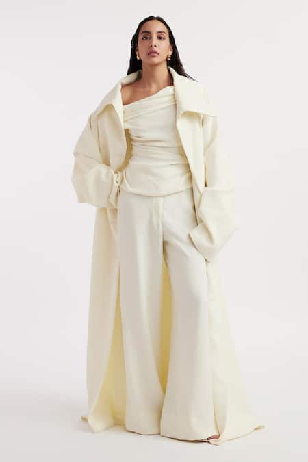 Deme by Gabriella Off White Ferrari Solid Jacket Oversized Collar Natsya Long Pant Set 