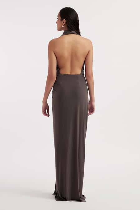 Shop_Deme By Gabriella_Grey Lycra Cowl Neck Beatrix Solid Slit Gown _at_Aza_Fashions