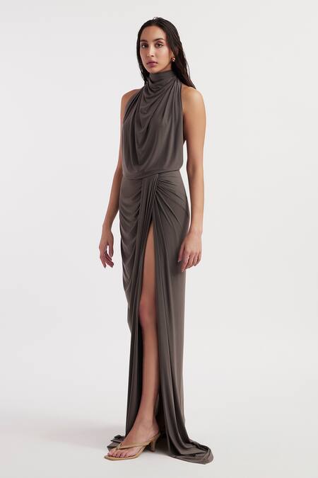 Deme By Gabriella_Grey Lycra Cowl Neck Beatrix Solid Slit Gown _Online_at_Aza_Fashions