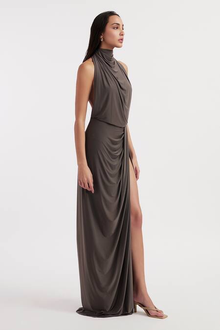 Buy_Deme By Gabriella_Grey Lycra Cowl Neck Beatrix Solid Slit Gown _Online_at_Aza_Fashions