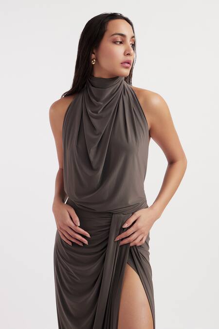 Shop_Deme By Gabriella_Grey Lycra Cowl Neck Beatrix Solid Slit Gown _Online_at_Aza_Fashions