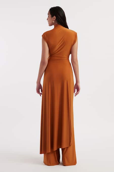 Shop_Deme By Gabriella_Orange Lycra Cowl Neck Eduarda Solid Long Top With Flared Pant _at_Aza_Fashions