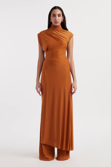 Deme By Gabriella_Orange Lycra Cowl Neck Eduarda Solid Long Top With Flared Pant _Online_at_Aza_Fashions