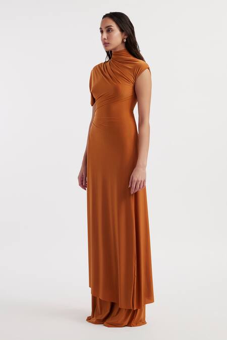 Buy_Deme By Gabriella_Orange Lycra Cowl Neck Eduarda Solid Long Top With Flared Pant _Online_at_Aza_Fashions