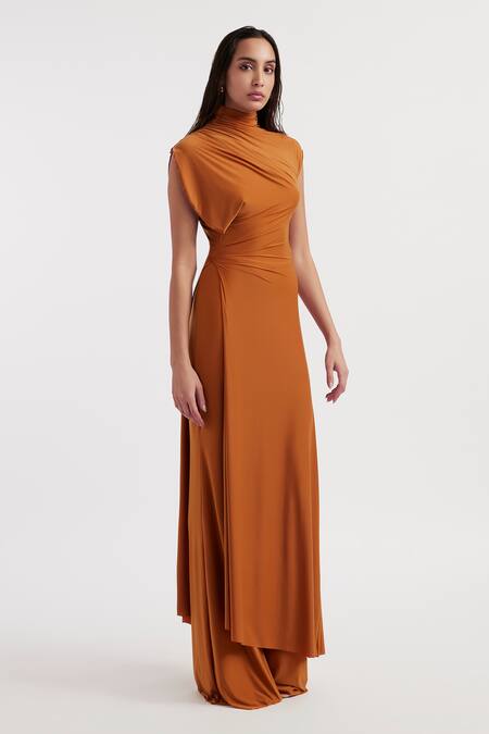Shop_Deme By Gabriella_Orange Lycra Cowl Neck Eduarda Solid Long Top With Flared Pant _Online_at_Aza_Fashions