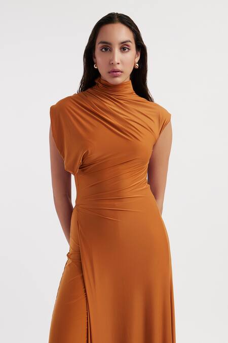 Deme By Gabriella_Orange Lycra Cowl Neck Eduarda Solid Long Top With Flared Pant _at_Aza_Fashions