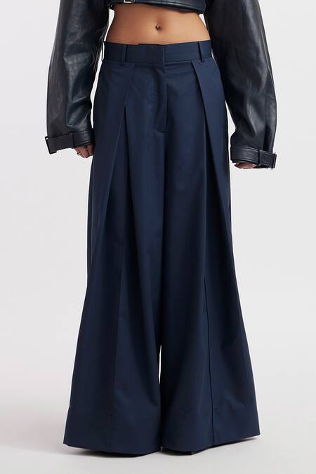 Deme By Gabriella_Blue Leather, Cotton Collared Celia Solid Cropped Jacket Pant Set _Online_at_Aza_Fashions