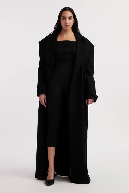 Deme By Gabriella_Black Wool, Lycra Crew , Bandeau Alisa Solid Trench Coat With Jumpsuit _Online_at_Aza_Fashions