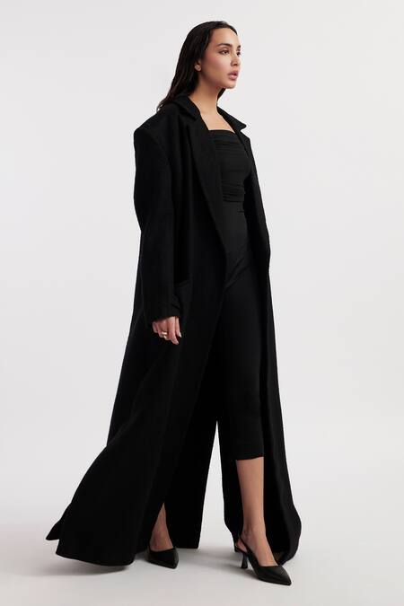 Buy_Deme By Gabriella_Black Wool, Lycra Crew , Bandeau Alisa Solid Trench Coat With Jumpsuit _Online_at_Aza_Fashions