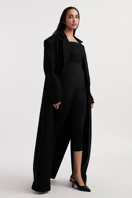 Shop_Deme By Gabriella_Black Wool, Lycra Crew , Bandeau Alisa Solid Trench Coat With Jumpsuit _Online_at_Aza_Fashions