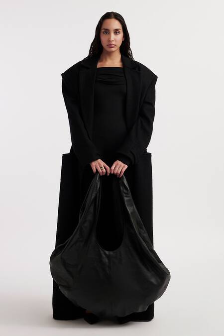 Deme By Gabriella_Black Wool, Lycra Crew , Bandeau Alisa Solid Trench Coat With Jumpsuit _at_Aza_Fashions