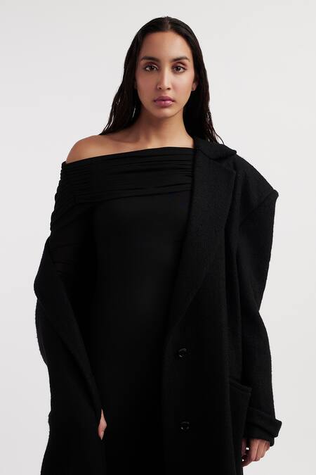 Buy_Deme By Gabriella_Black Wool, Lycra Crew , Bandeau Alisa Solid Trench Coat With Jumpsuit 