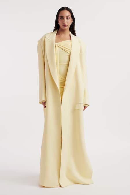 Deme By Gabriella_Yellow Net, Lycra Off-shoulder, Collared Heloise Solid Off Dress With Jacket _Online_at_Aza_Fashions