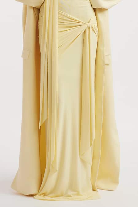 Buy_Deme By Gabriella_Yellow Net, Lycra Off-shoulder, Collared Heloise Solid Off Dress With Jacket _Online_at_Aza_Fashions