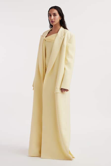 Shop_Deme By Gabriella_Yellow Net, Lycra Off-shoulder, Collared Heloise Solid Off Dress With Jacket _Online_at_Aza_Fashions