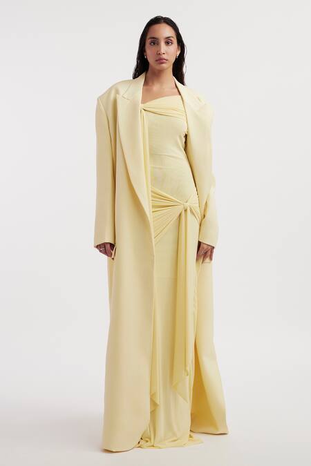 Deme By Gabriella_Yellow Net, Lycra Off-shoulder, Collared Heloise Solid Off Dress With Jacket _at_Aza_Fashions