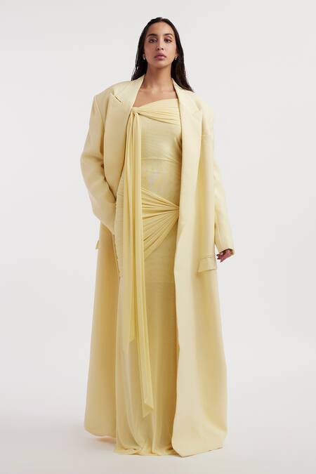 Buy_Deme By Gabriella_Yellow Net, Lycra Off-shoulder, Collared Heloise Solid Off Dress With Jacket 