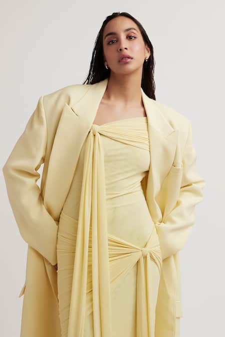 Shop_Deme By Gabriella_Yellow Net, Lycra Off-shoulder, Collared Heloise Solid Off Dress With Jacket 