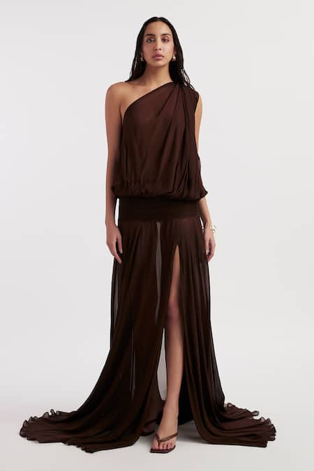 Deme by Gabriella Brown Chiffon Solid One Shoulder Ava Slit Dress 