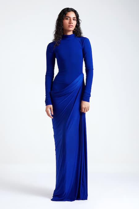 Deme by Gabriella Blue Malai Lycra Solid High Sasha Drape Detailed Waist Gown 