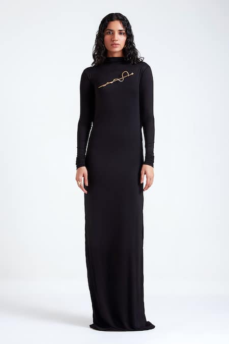 Deme by Gabriella Black Jersey Snake Brooch High Daria Cowl Drape Back Gown 