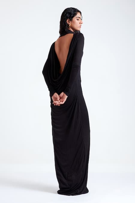 Deme By Gabriella_Black Jersey Brooches High Neck Daria Cowl Drape Back Gown _Online_at_Aza_Fashions