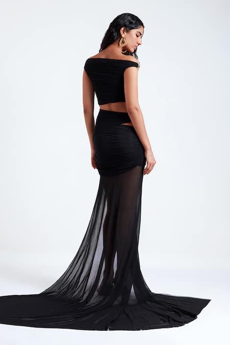 Deme By Gabriella_Black Net Brooches Off-shoulder Lilia Front Slit Gown _Online_at_Aza_Fashions