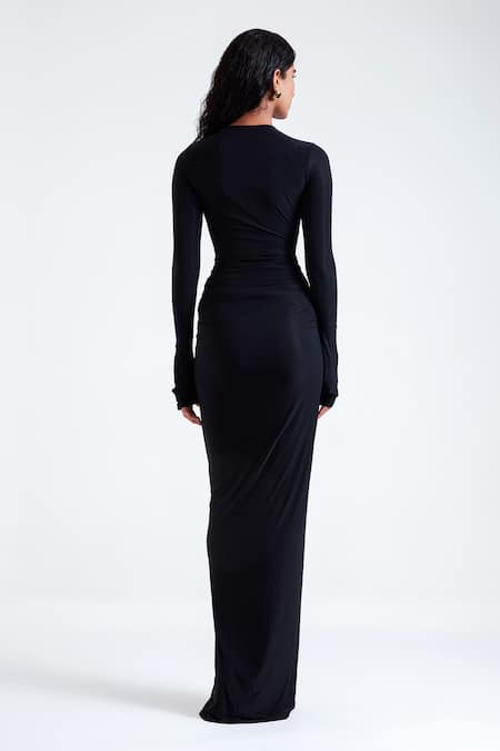 Deme By Gabriella_Black Lycra Brooches Plunge Neck Aldona Front Slit Gown _Online_at_Aza_Fashions